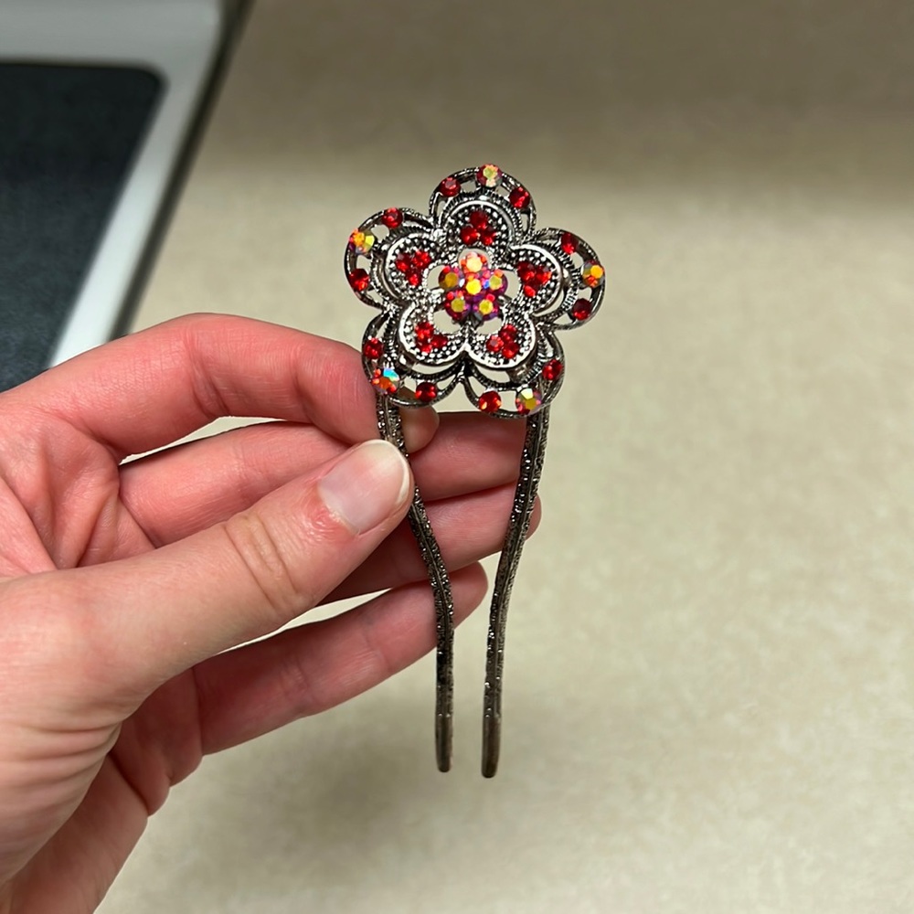 Vintage Red Flower Hair Pick
